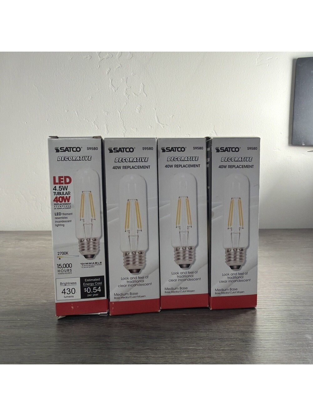 4 Pack Satco LED Bulbs 5.5W =40W 120V T10 Medium E26 Dimmable Clear 2700K